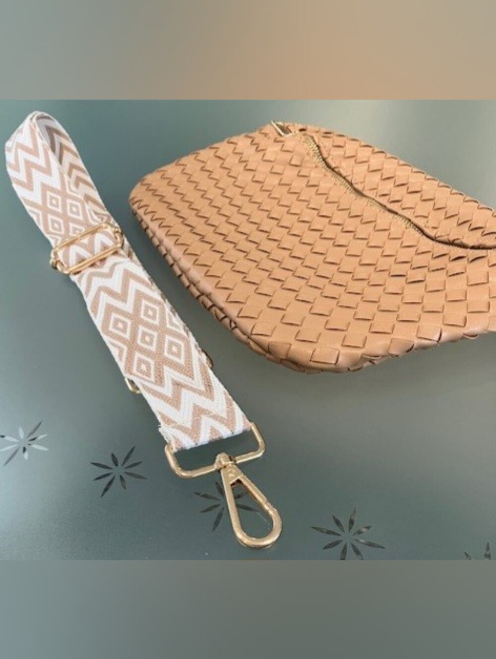 Woven Tan Crossbody Bag/Purse with Patterned Strap - NWOT